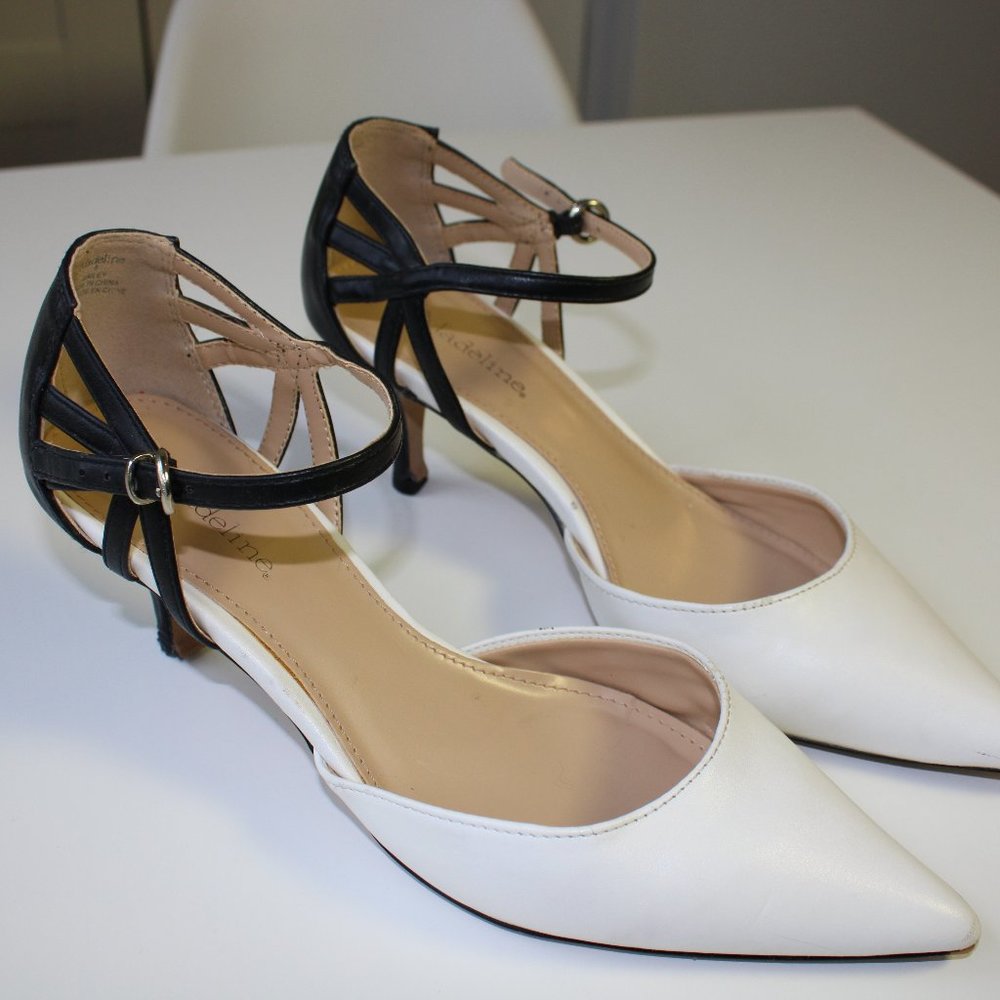 Vintage Black and White Ankle Strap Kitten Heel